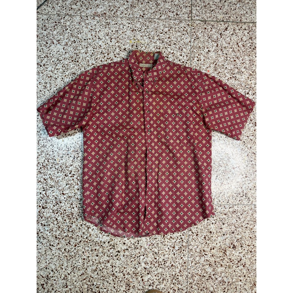 Bugle‎ Boy Company Mens Red Geometric Medallion Ramie Cotton Button Down Shirt M